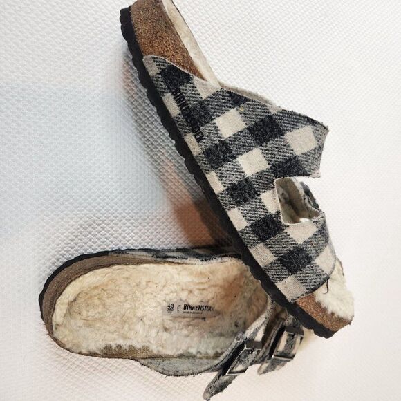Birkenstock Mens Size 43 US 10 Arizona White Gray Shearling Plaid Natural Wool main image 5